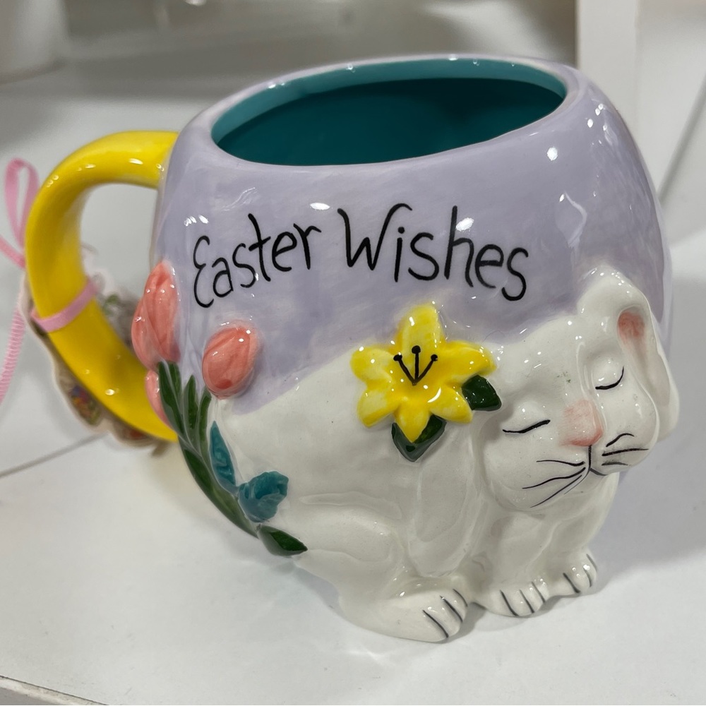 Easter Blue Sky Clayworks Easter Wishes Bunny Lavendar Ceramic coffee Mug NWT